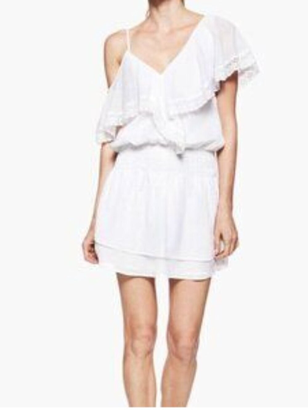 Revolve Paige Cecelia Dress White Cotton Asymmetrical Ruffle Shoulder Sz S